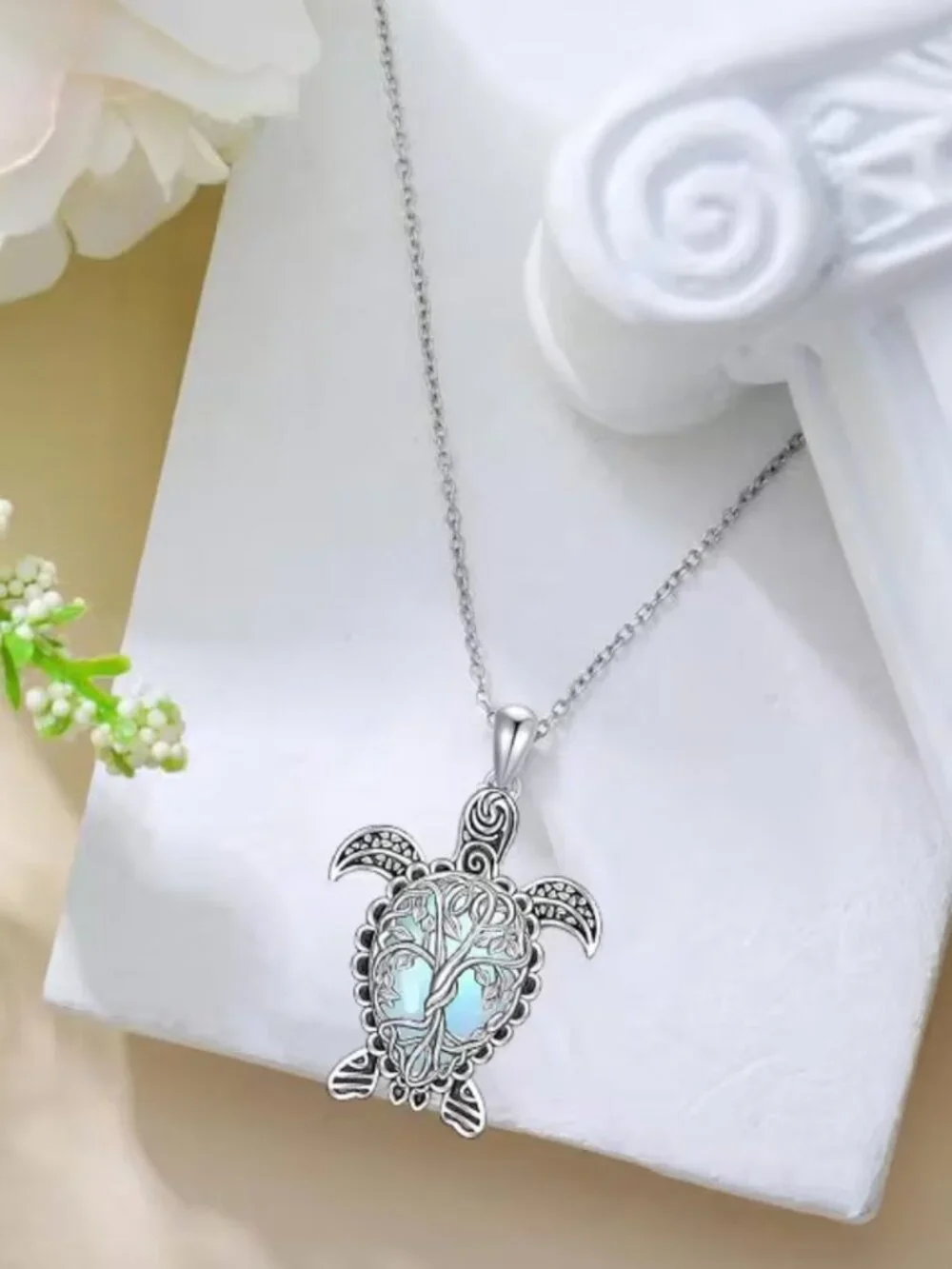 Silver Zinc Alloy Faux Moonstone Tree of Life Sea Turtle Pendant Necklace NWT